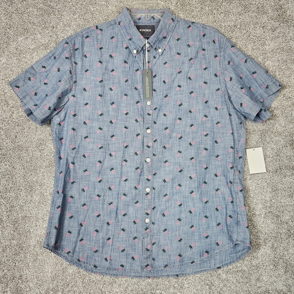 Bonobos Shirt Mens XL Blue Pink Pineapple Drive Slim Fit Short Sleeve Button Up